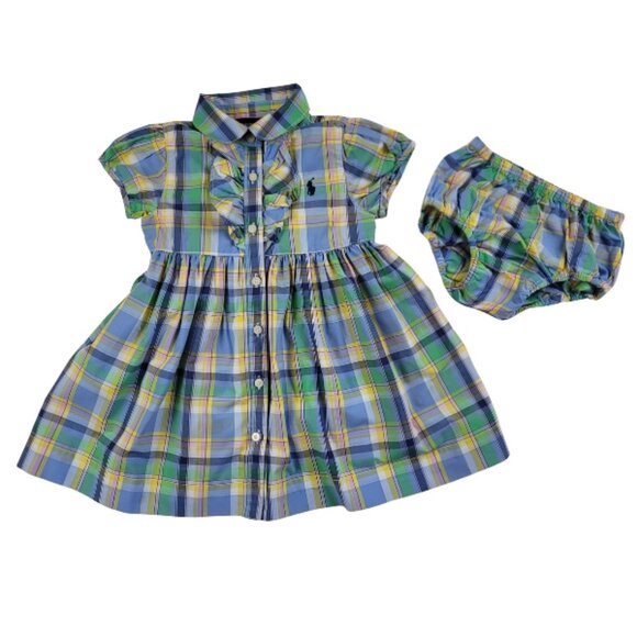 Ralph Lauren Baby Girls Tartan Plaid Dress & Matching Bloomers Set Size 12M - Picture 1 of 12
